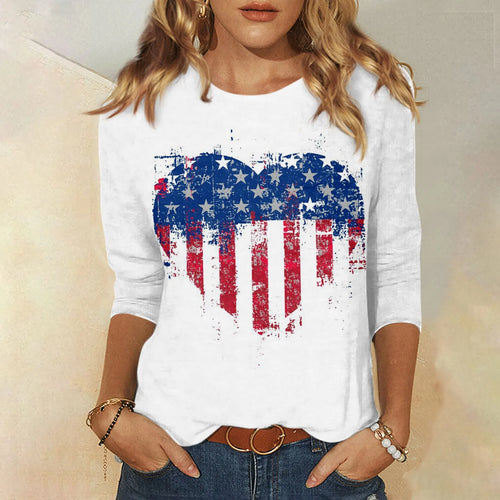 Women T Shirt American Flag Print Round Neck 3/4 Sleeve Independence