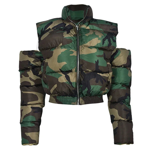 Street Women Camouflage Zipper Puffer Jacket Hollow Out Sleeve Camo
