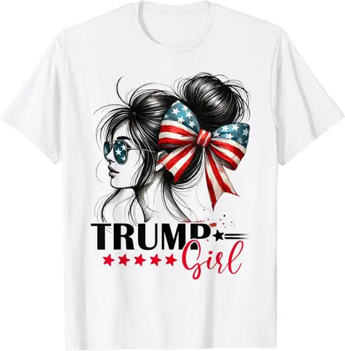 Trump Girl Messy Bun Sunglasses Trump 2024 USA Flag T-Shirt Women's
