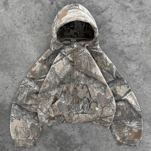 Y2K Retro zip up Hoodie Men Camouflage Pattern zipper Sweatshirt High