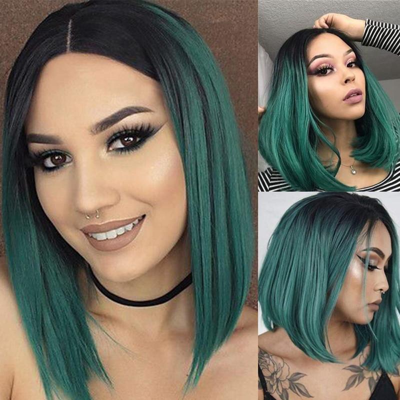 Green Lace Front Wigs Dark Roots Ombre Green 2 Tone Color Short Bob