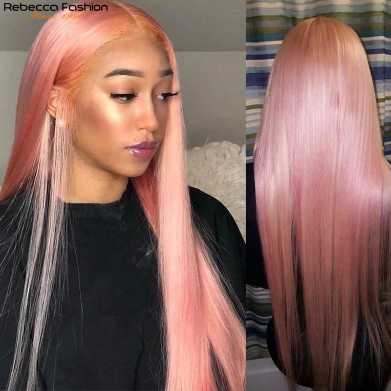 Straight Human Hair Wigs Pink Wig Peruvian Remy Hair Transparent Lace
