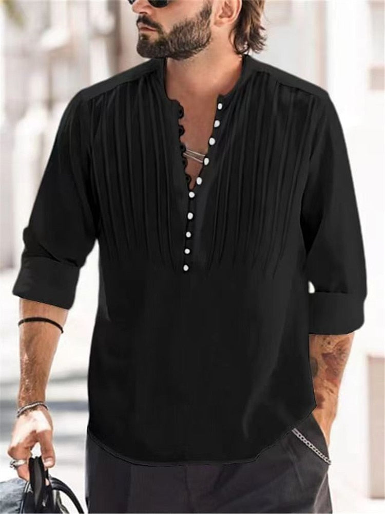 2023 New Men's Casual Blouse Cotton Linen Shirt Loose Tops Long Sleeve