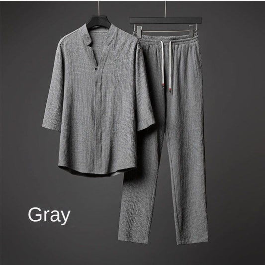 2023 Summer Men's Two-piece Linen Fabric Casual T-shirt And Trousers