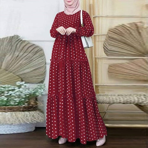 2023 Women Polka Dot Print Muslim Dress Ruffle Long Sleeves Islamic