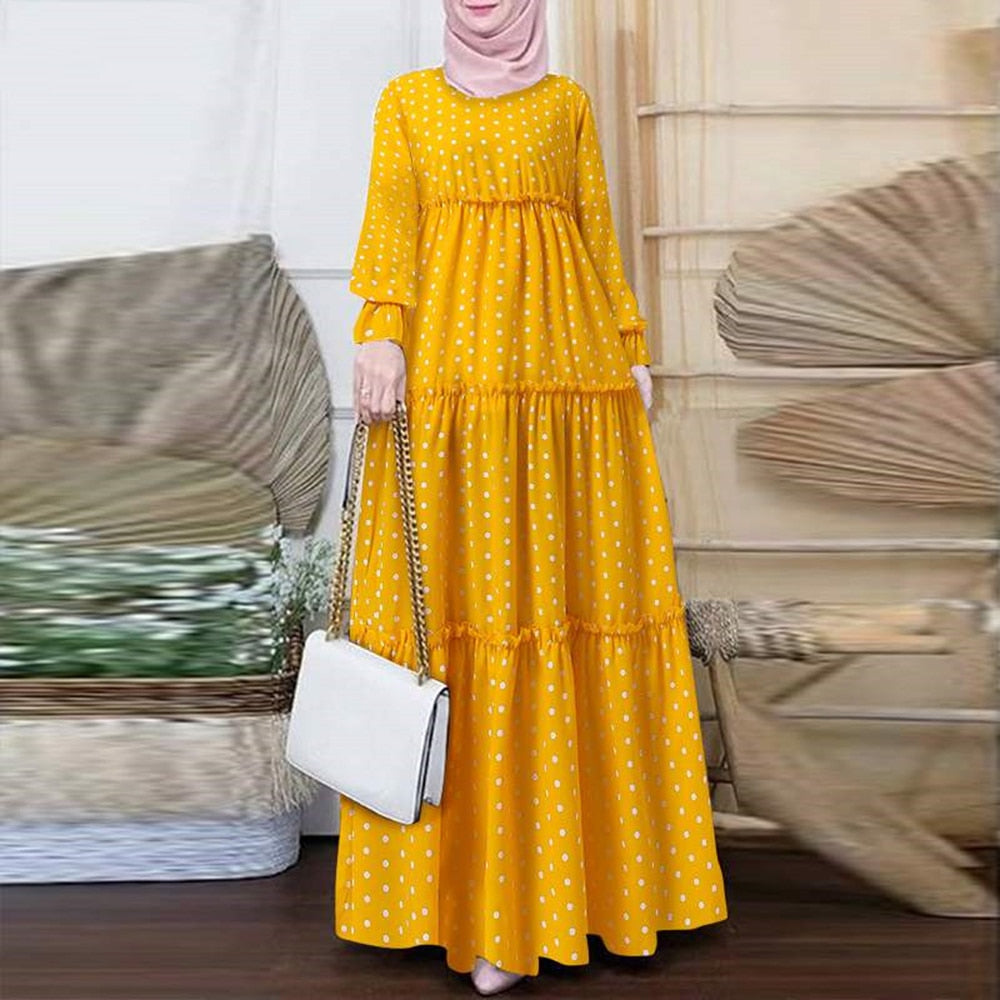 2023 Women Polka Dot Print Muslim Dress Ruffle Long Sleeves Islamic