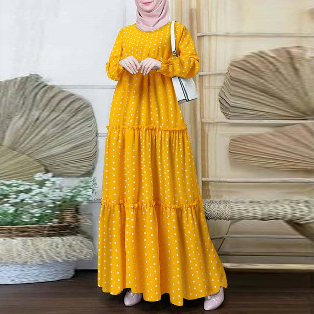 2023 Women Polka Dot Print Muslim Dress Ruffle Long Sleeves Islamic