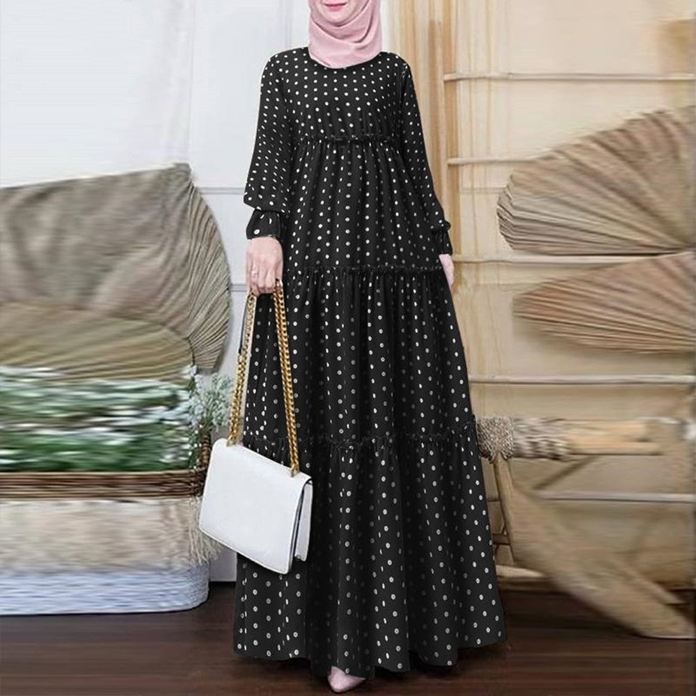 2023 Women Polka Dot Print Muslim Dress Ruffle Long Sleeves Islamic