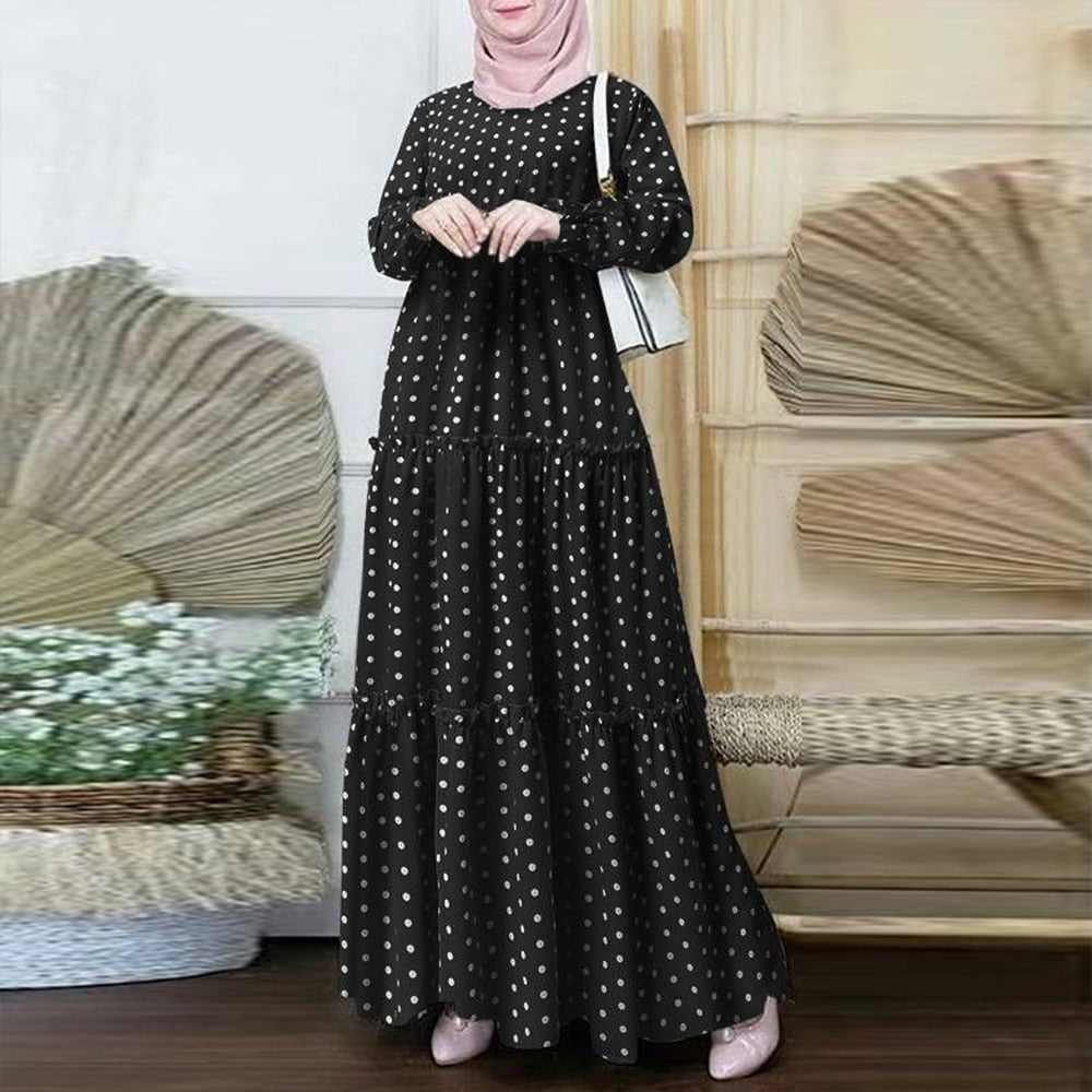 2023 Women Polka Dot Print Muslim Dress Ruffle Long Sleeves Islamic