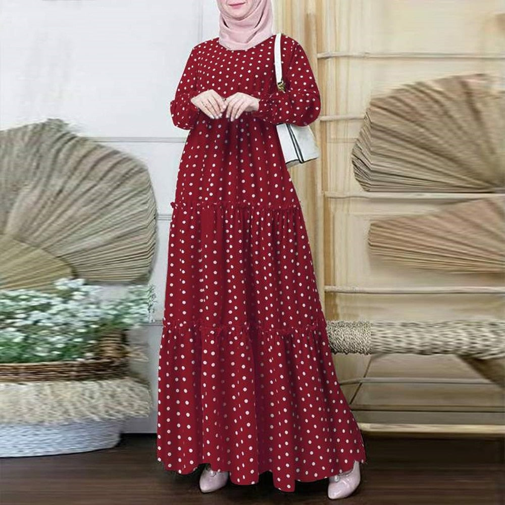 2023 Women Polka Dot Print Muslim Dress Ruffle Long Sleeves Islamic