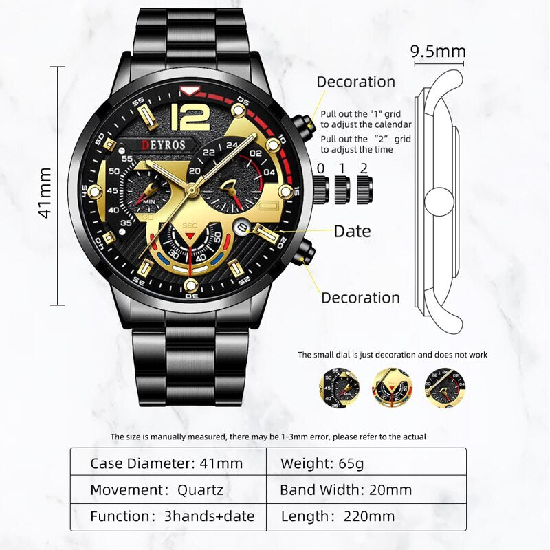 3PCS Set Fashion Mens Watches Luxury Men Business Calendar Stainless