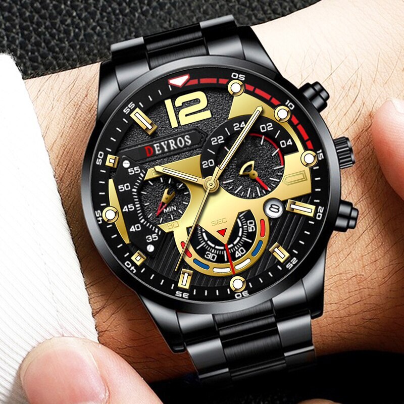 3PCS Set Fashion Mens Watches Luxury Men Business Calendar Stainless