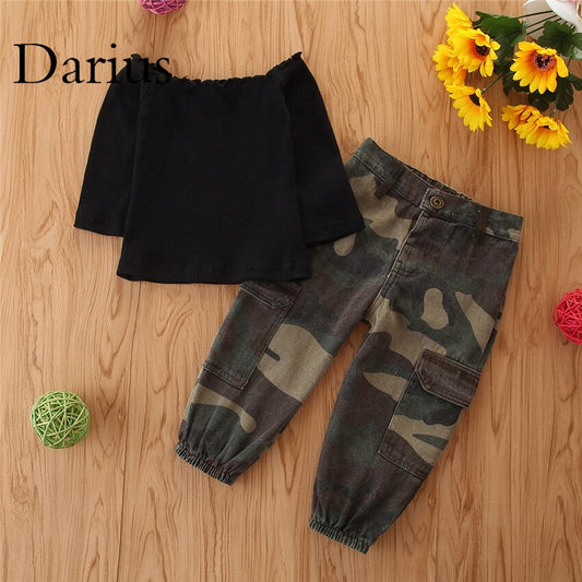 Autumn Girl Set Cotton Long Sleeve Black Blouse + Camo Pants Sets for