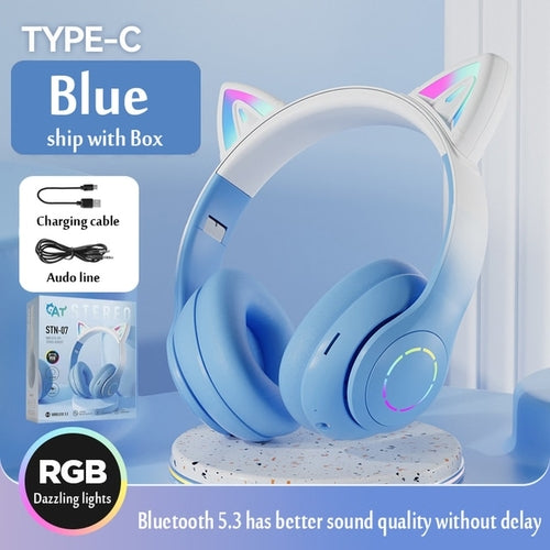 Cat Ear Headphone Bluetooth Wireless Music Headset Gradient Color LED