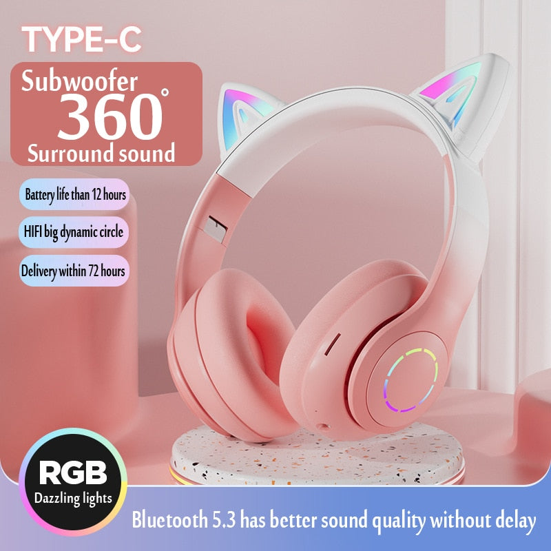 Cat Ear Headphone Bluetooth Wireless Music Headset Gradient Color LED