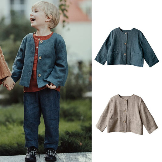 Children's Clothing Autumn Coat Boys' Cotton Linen Round Neck Coat