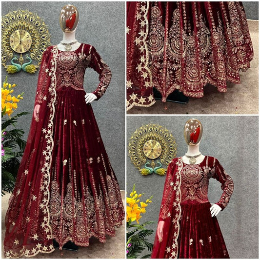 Dupatta Partywear Wine Red Gown Flared Kurta Indian Anarkali Kurta