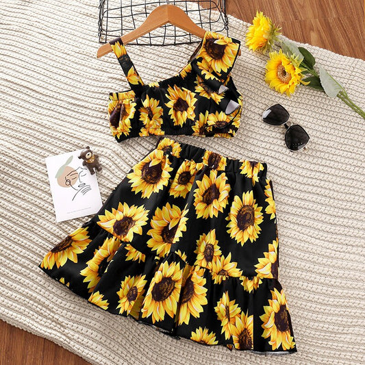 Girls Clothes Set 2022 Summer Fashion Flower Print Off-the-shoulder