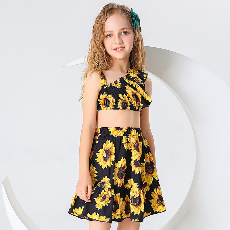 Girls Clothes Set 2022 Summer Fashion Flower Print Off-the-shoulder