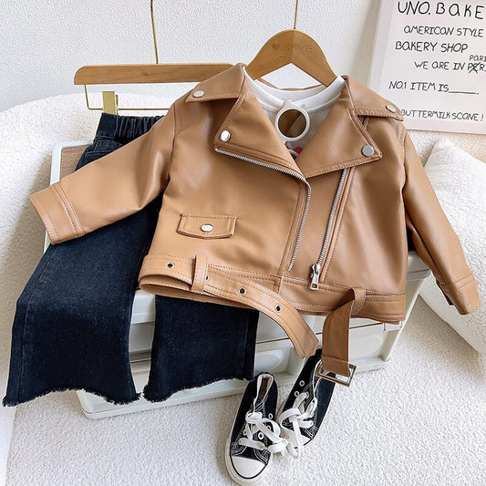 Girls Jacket Baby Princess Solid Full Sleeve Zipper Leather Top Jacket