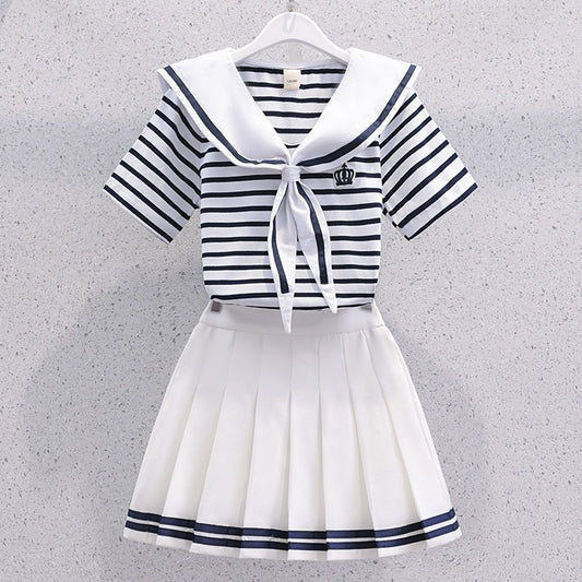 Girls Summer Casual Striped Sailor Collar Short Sleeve Suits 4 6 8 10