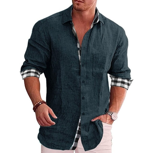 Men Plaid Blouse Summer Male Turn Down Collar Long Sleeve 100%
