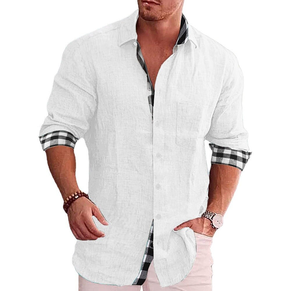 Men Plaid Blouse Summer Male Turn Down Collar Long Sleeve 100%