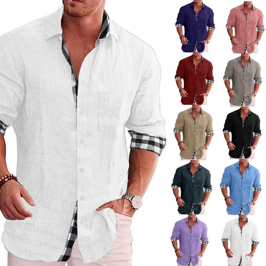 Men Plaid Blouse Summer Male Turn Down Collar Long Sleeve 100%