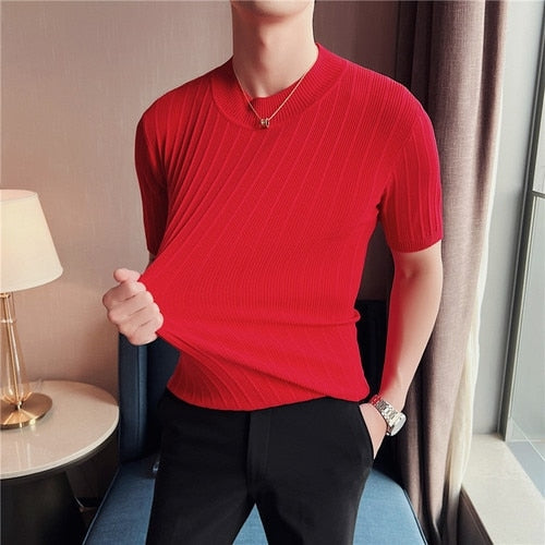 Men's 2023 New Knitted Striped Short Sleeve Turtleneck T shirt   Slim