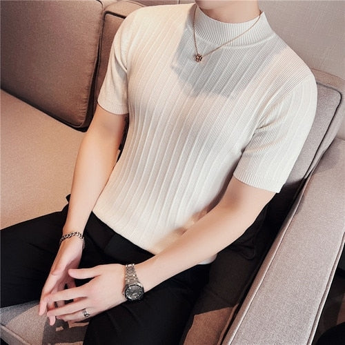 Men's 2023 New Knitted Striped Short Sleeve Turtleneck T shirt   Slim