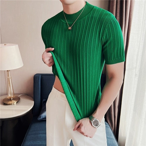 Men's 2023 New Knitted Striped Short Sleeve Turtleneck T shirt   Slim