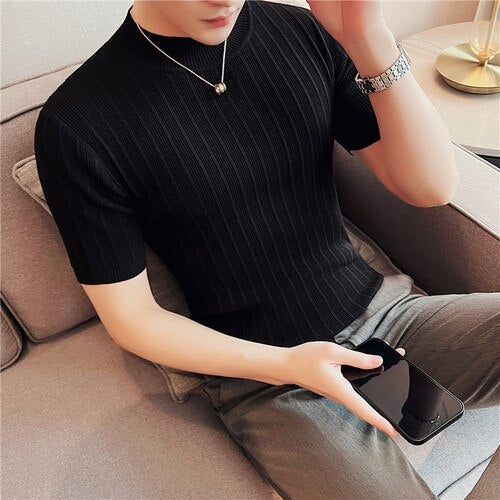 Men's 2023 New Knitted Striped Short Sleeve Turtleneck T shirt   Slim