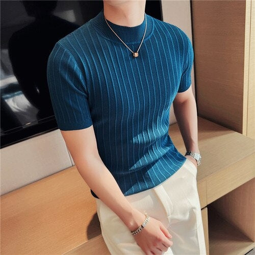 Men's 2023 New Knitted Striped Short Sleeve Turtleneck T shirt   Slim