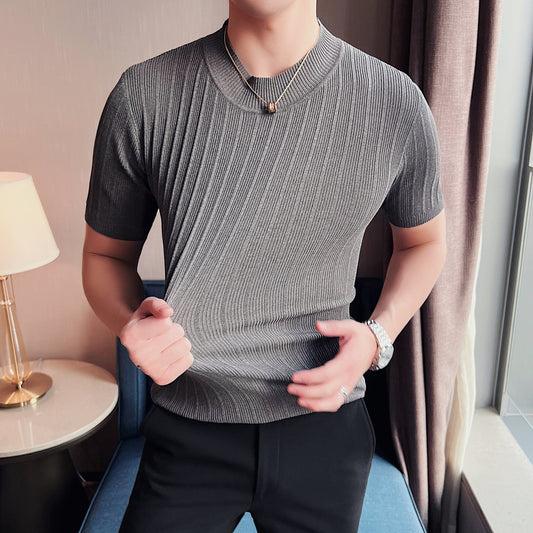 Men's 2023 New Knitted Striped Short Sleeve Turtleneck T shirt   Slim