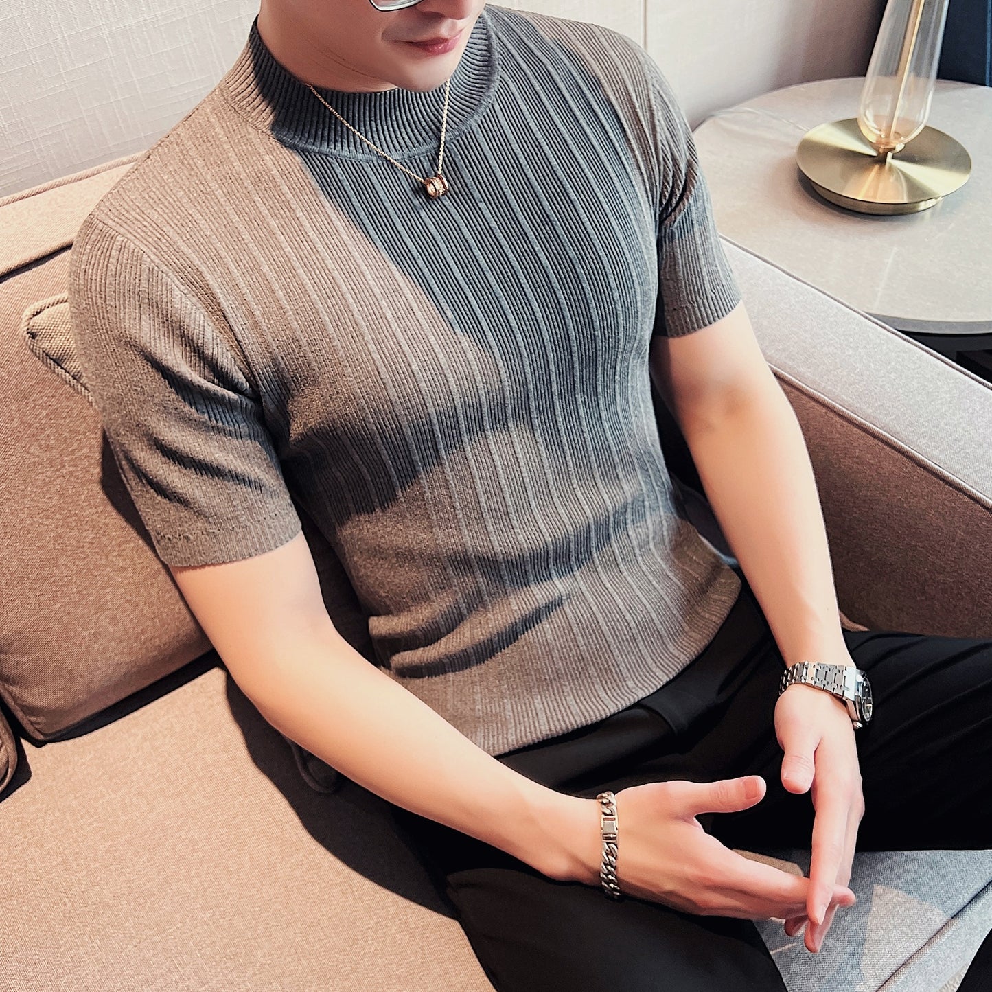 Men's 2023 New Knitted Striped Short Sleeve Turtleneck T shirt   Slim