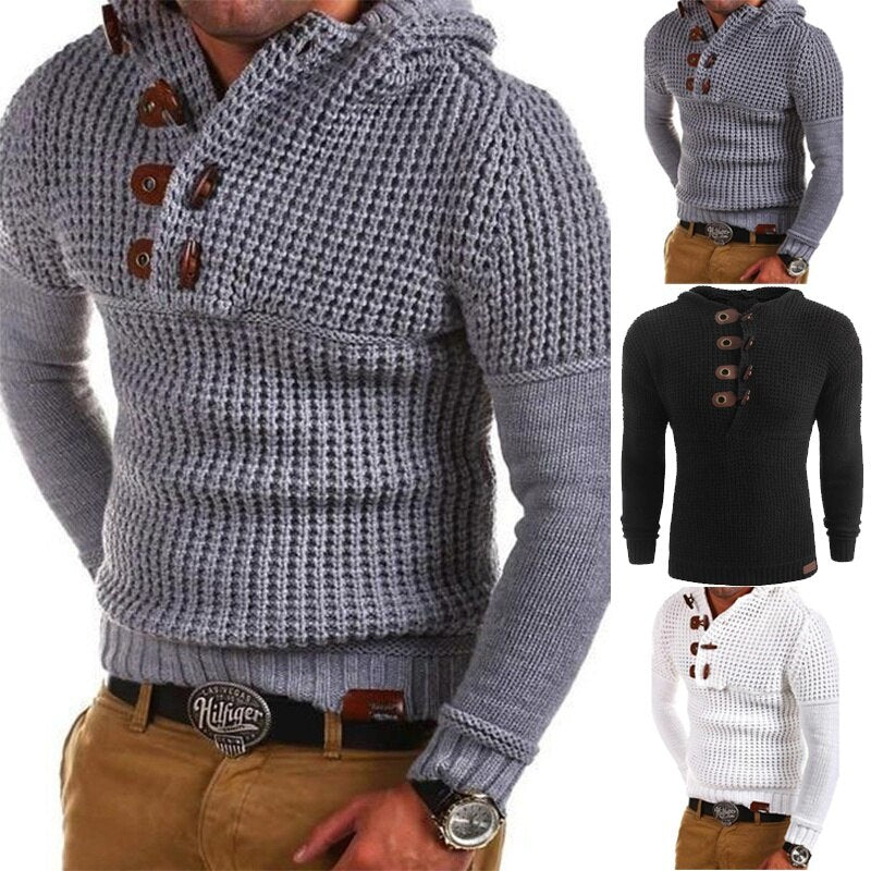 Men's Slim Fit Casual Hooded Pullover Sweater Winter Thick Solid Color