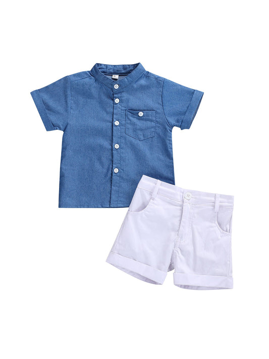 New 2 Pieces Kids Suit Set, Solid Color Stand Collar Short Sleeve