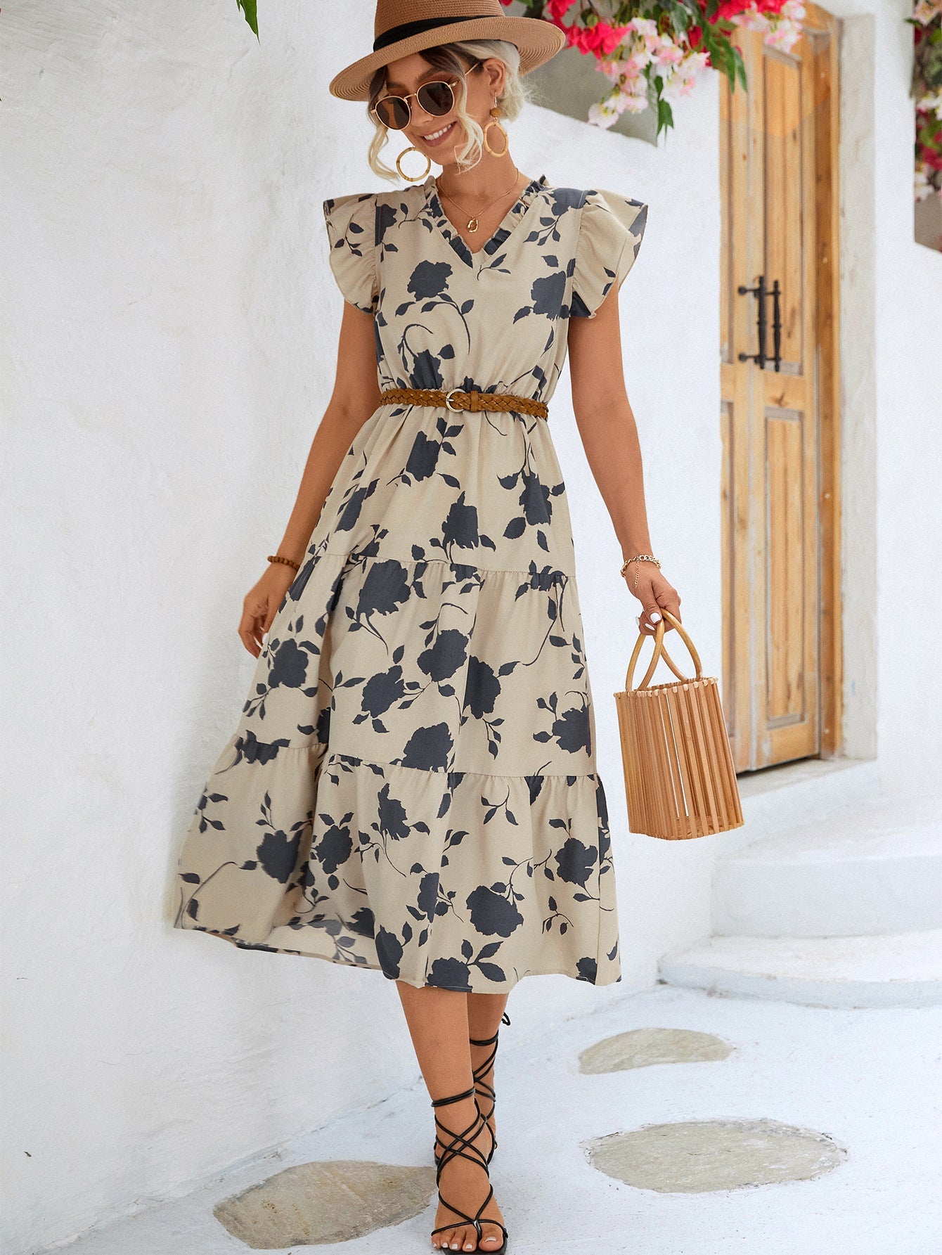 Floral Print Flounce Sleeve Dress