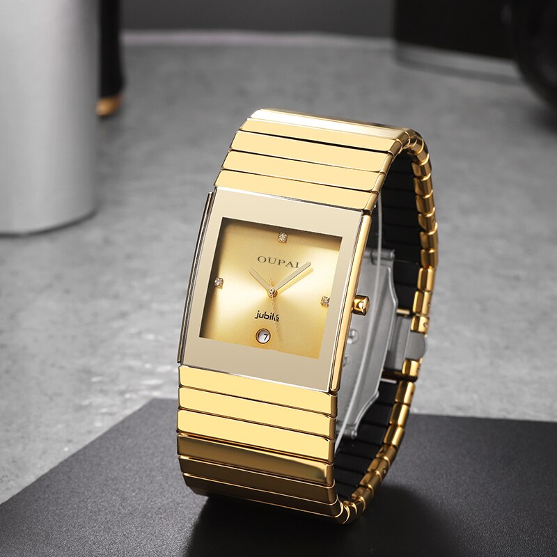 Oupai 2021 New Arrival Rectangle Ceramic Watch Men Ultra Thin Golden