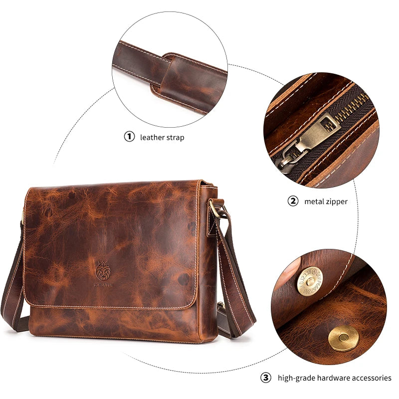 SCHLATUM 100% Genuine Leather Men's Shoulder Bags Messenger Bag for