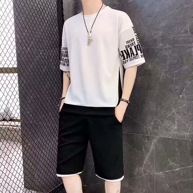 Summer Casual Men's Suit Japan High Street Harajuku Top Shorts Two