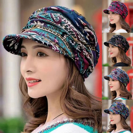 Women Hat Short Brim Warm Foldable Earflap Women Cap Ethnic Style