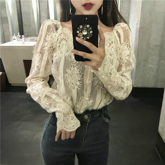 Mesh Pearls Shirts Strapless Lace Long Sleeve Gauze Stitching Blouse